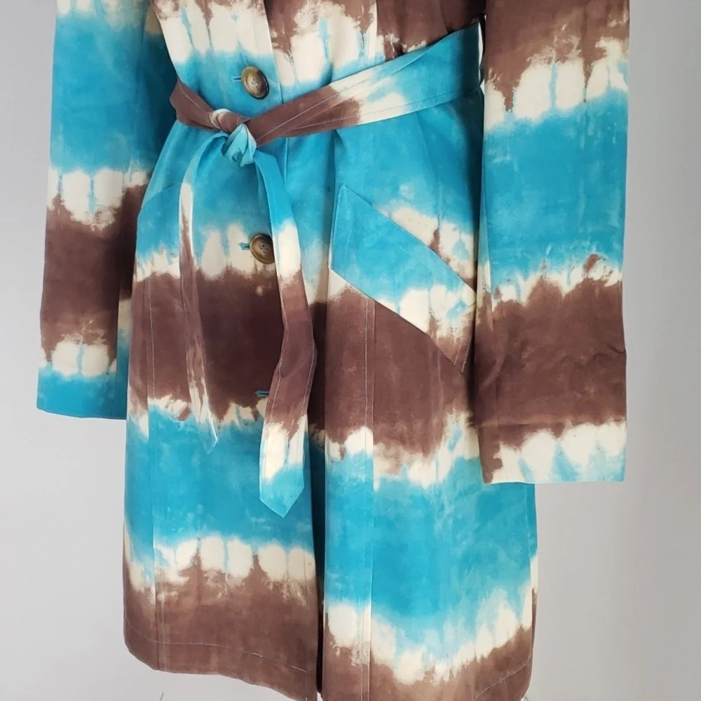 Anne Klein Womens Tie Dye Belted Aqua Blue Ivory Brown Big Collar Trench Coat, M